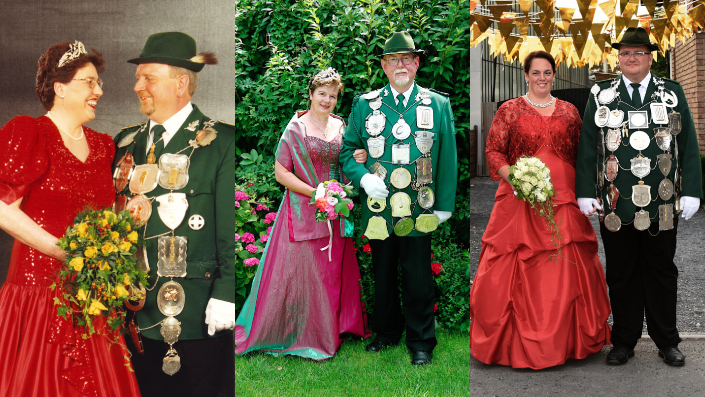 Regimentskönige aus den Reihen der Andreas-Hofer-Kompanie v.l.n.r.: 1999 Alois II. Palm und Wally, 2005 Sepp Pentenrieder und Elisabeth und 2018 Andreas II. und Nicole Palm.